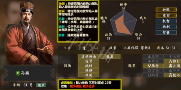 三国志14古武将孙膑五维数据一览 三国志14孙膑特性介绍_网